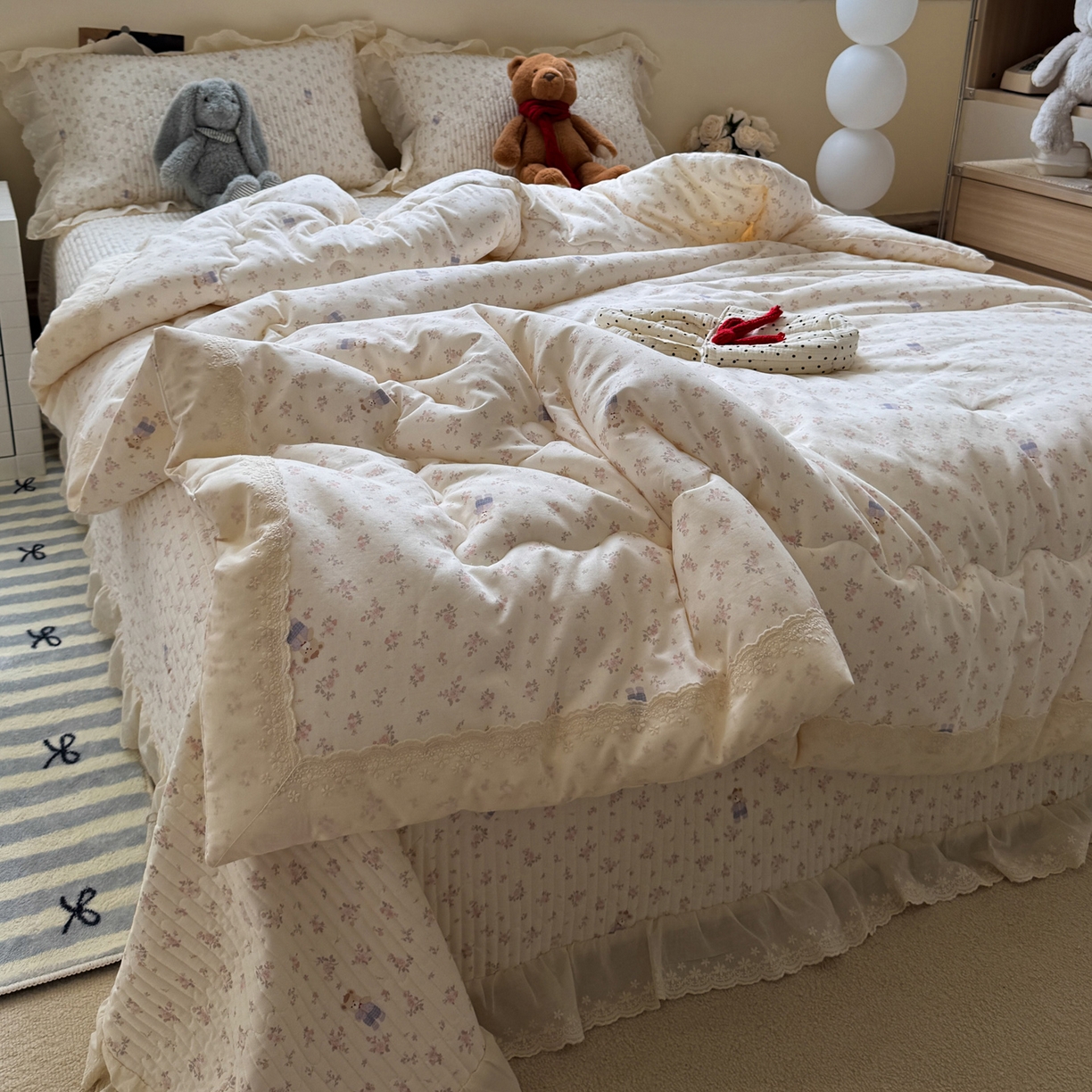 91家纺网 家纺一手货源 找家纺 一加一 2025新款田园风全棉纯棉双层纱床盖冬被被子被芯四件套 钥匙珊瑚