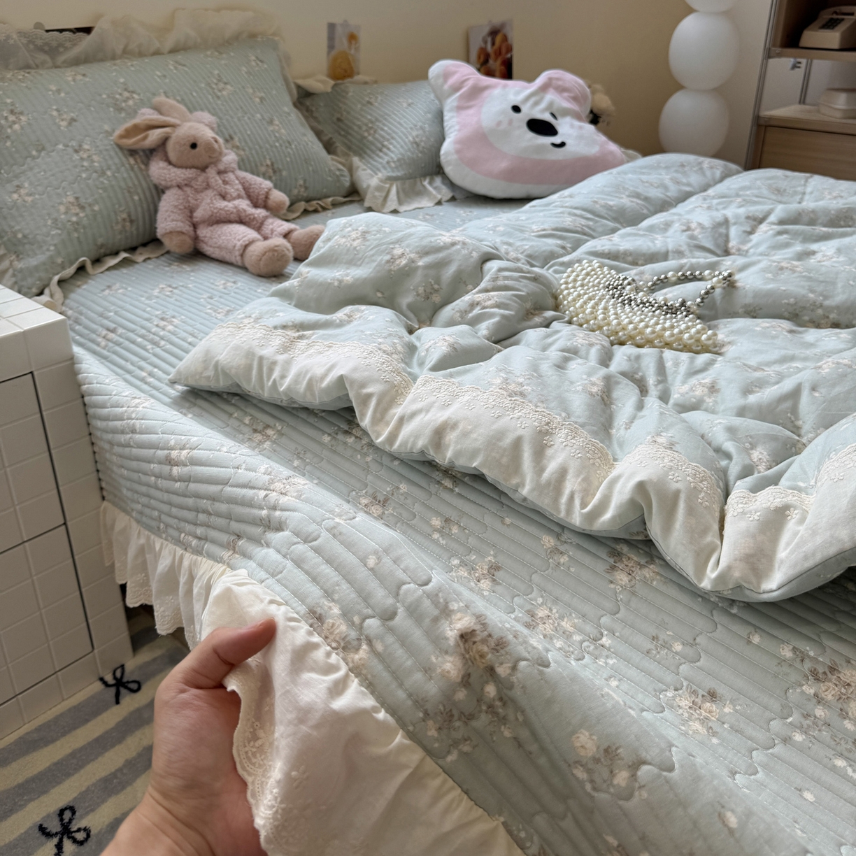 91家纺网 家纺一手货源 找家纺 一加一 2025新款田园风全棉纯棉双层纱床盖冬被被子被芯四件套 浮沉未央-绿