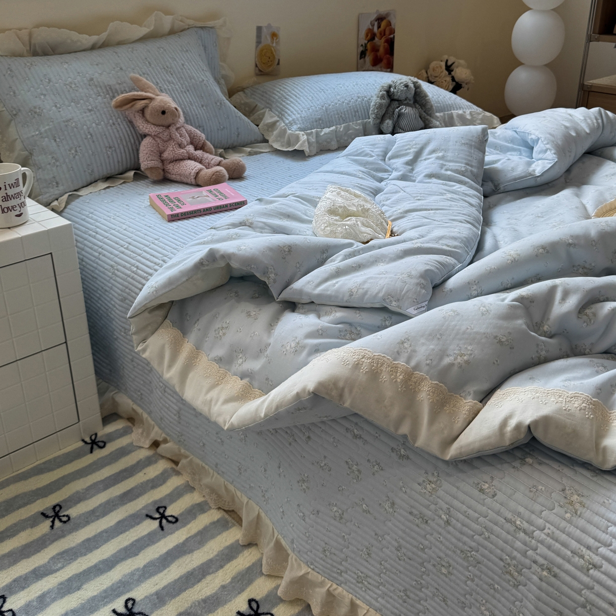 91家纺网 家纺一手货源 找家纺 一加一 2025新款田园风全棉纯棉双层纱床盖冬被被子被芯四件套 玲兰铛-兰