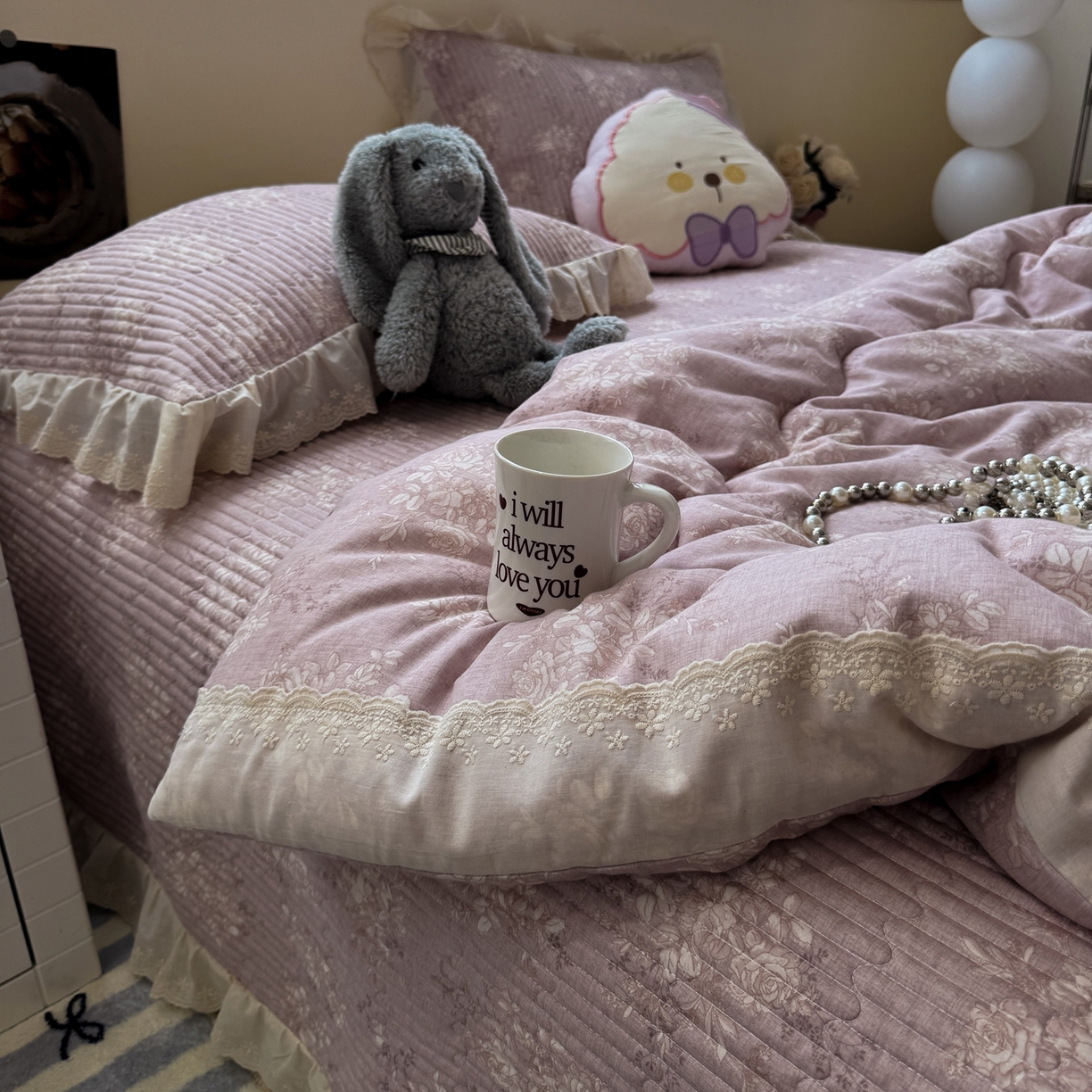 91家纺网 家纺一手货源 找家纺 一加一 2025新款田园风全棉纯棉双层纱床盖冬被被子被芯四件套 花蔓花影-粉