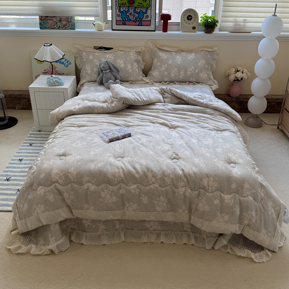 91家纺网 家纺一手货源 找家纺 一加一 2025新款田园风全棉纯棉双层纱床盖冬被被子被芯四件套 花蔓花影-灰