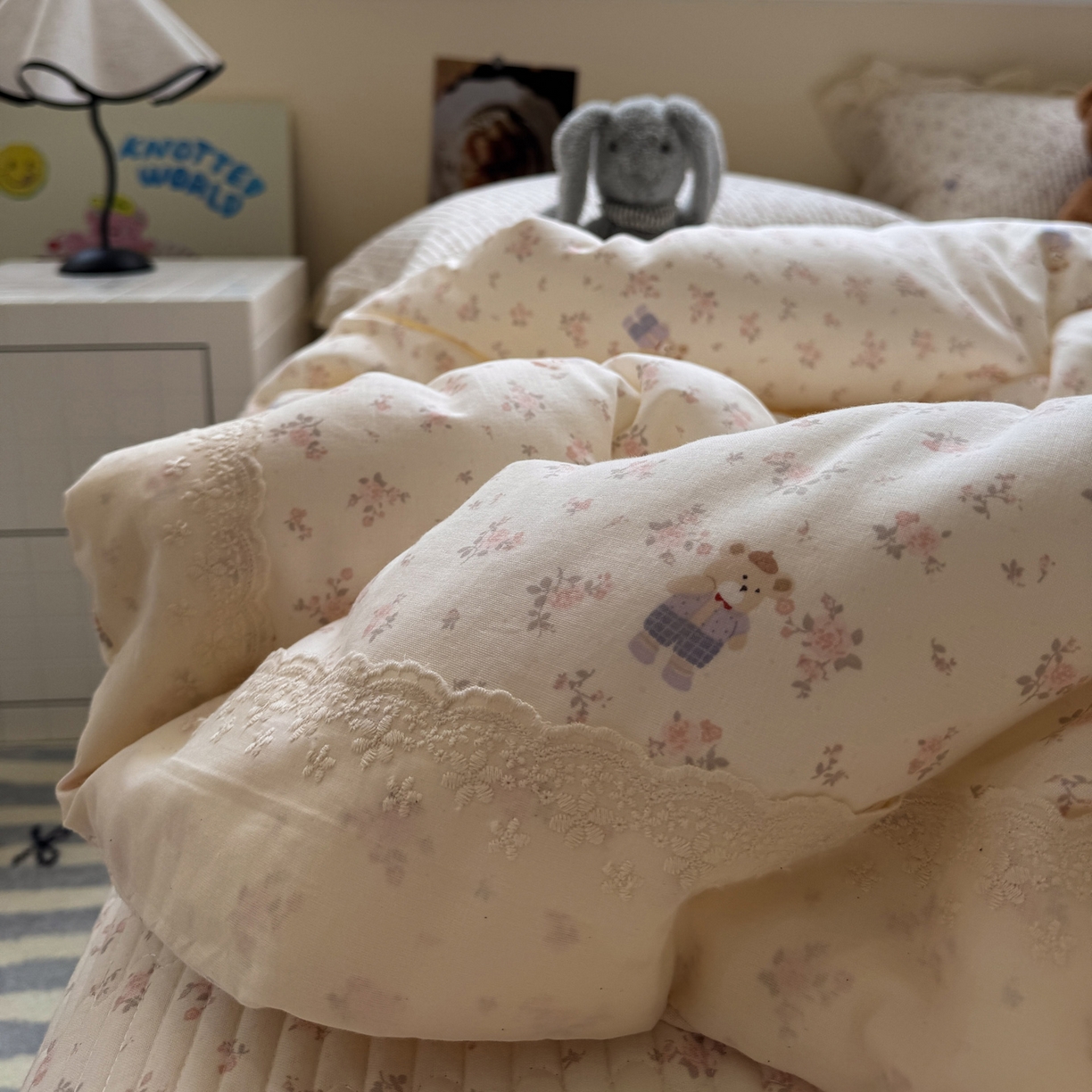 91家纺网 家纺一手货源 找家纺 一加一 2025新款田园风全棉纯棉双层纱床盖冬被被子被芯四件套 钥匙珊瑚