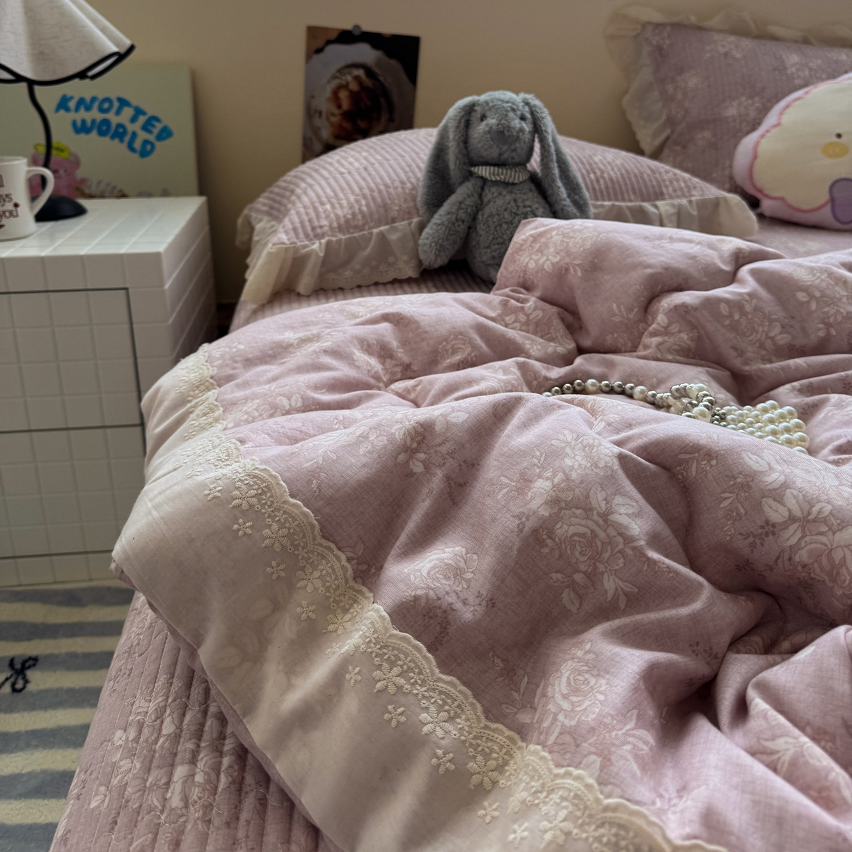 91家纺网 家纺一手货源 找家纺 一加一 2025新款田园风全棉纯棉双层纱床盖冬被被子被芯四件套 花蔓花影-粉