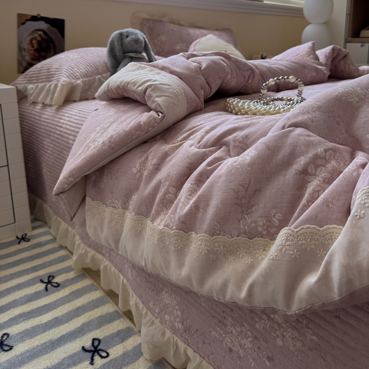 91家纺网 家纺一手货源 找家纺 一加一 2025新款田园风全棉纯棉双层纱床盖冬被被子被芯四件套 花蔓花影-粉