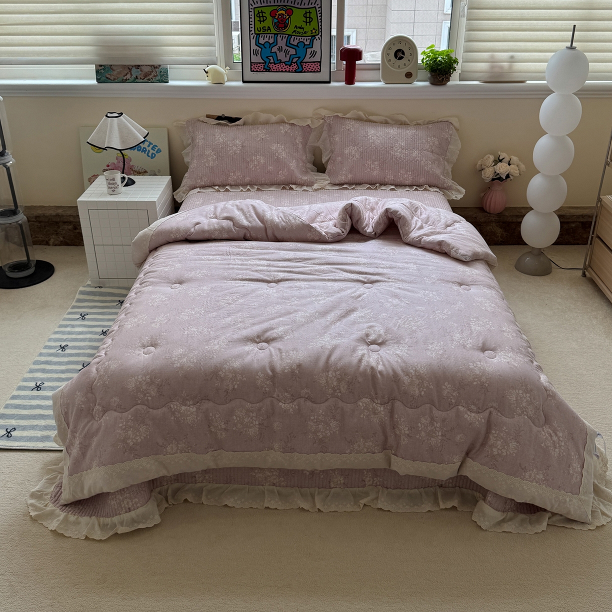 91家纺网 家纺一手货源 找家纺 一加一 2025新款田园风全棉纯棉双层纱床盖冬被被子被芯四件套 花蔓花影-粉