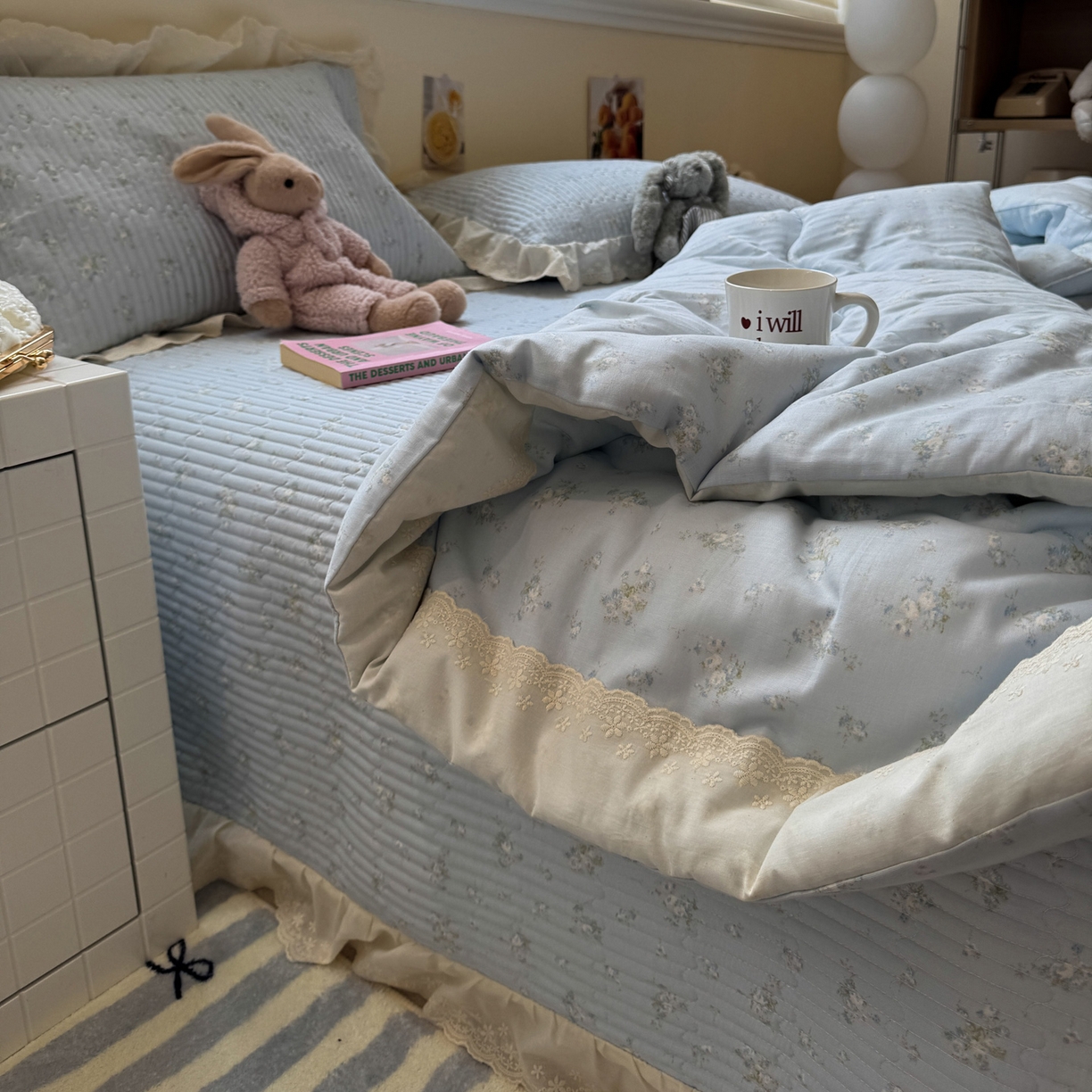 91家纺网 家纺一手货源 找家纺 一加一 2025新款田园风全棉纯棉双层纱床盖冬被被子被芯四件套 玲兰铛-兰