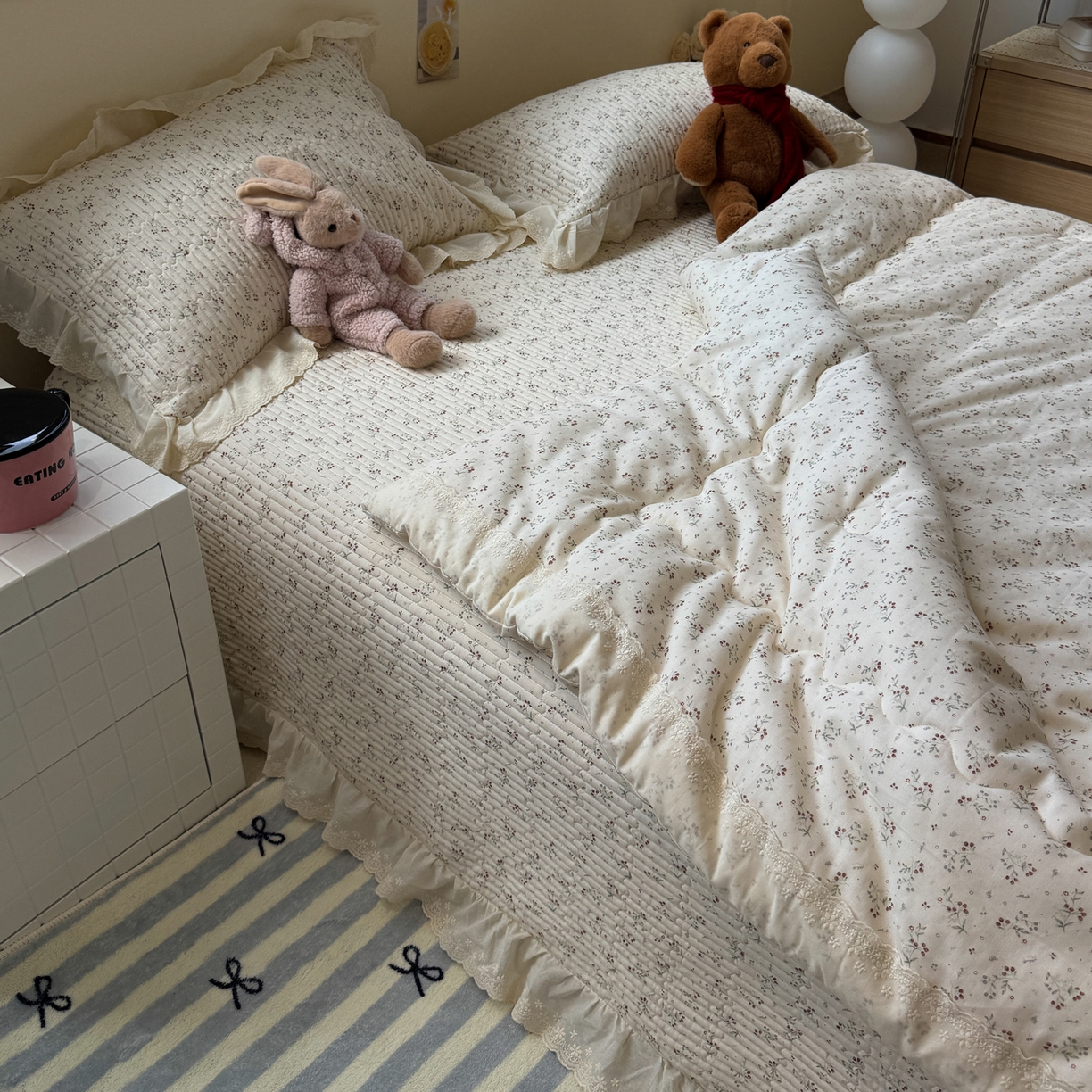 91家纺网 家纺一手货源 找家纺 一加一 2025新款田园风全棉纯棉双层纱床盖冬被被子被芯四件套 果然花香