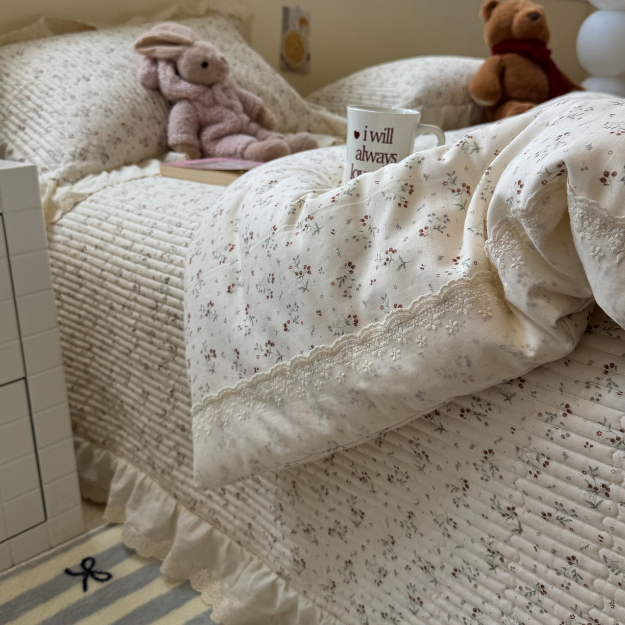 91家纺网 家纺一手货源 找家纺 一加一 2025新款田园风全棉纯棉双层纱床盖冬被被子被芯四件套 果然花香