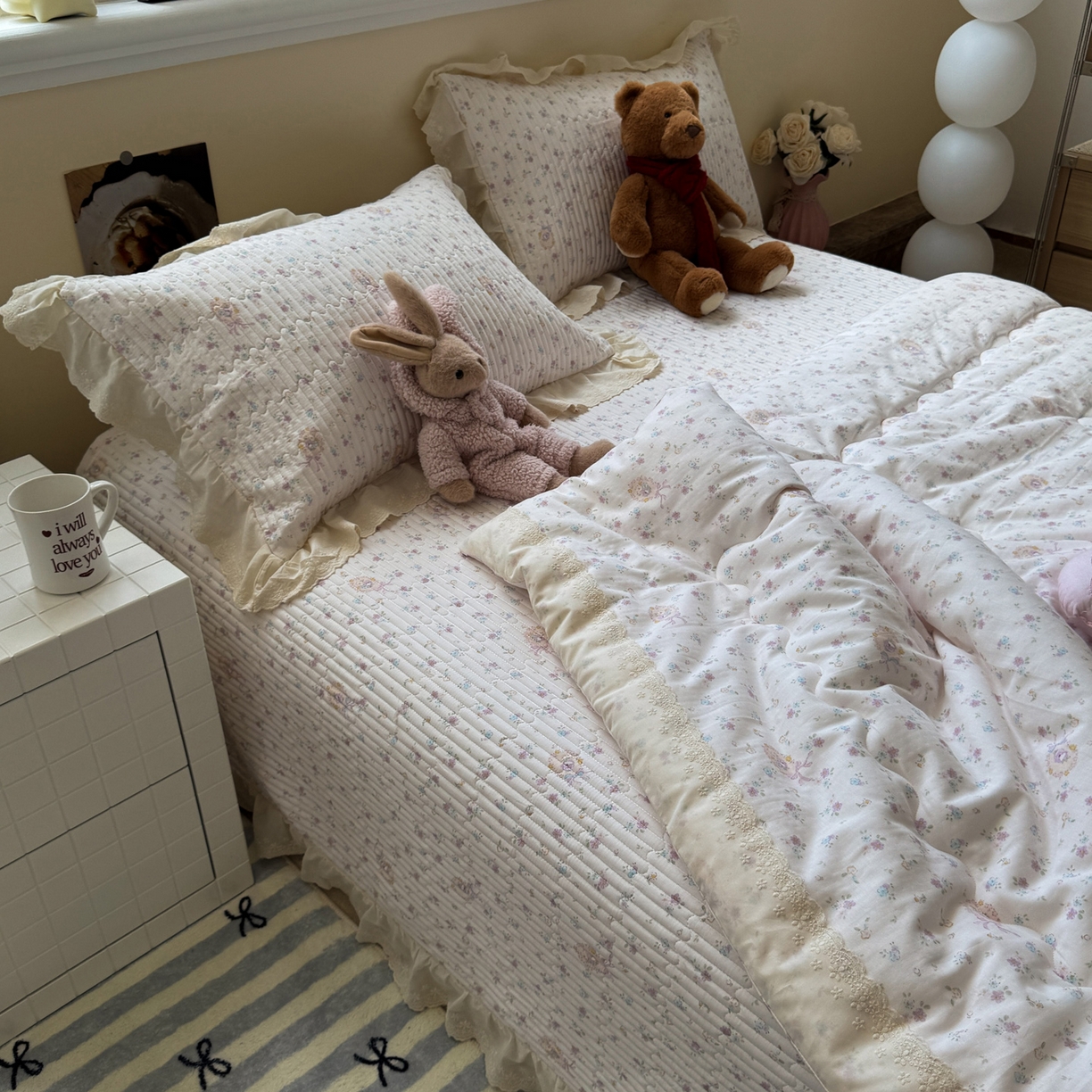 91家纺网 家纺一手货源 找家纺 一加一 2025新款田园风全棉纯棉双层纱床盖冬被被子被芯四件套 兰絮-粉