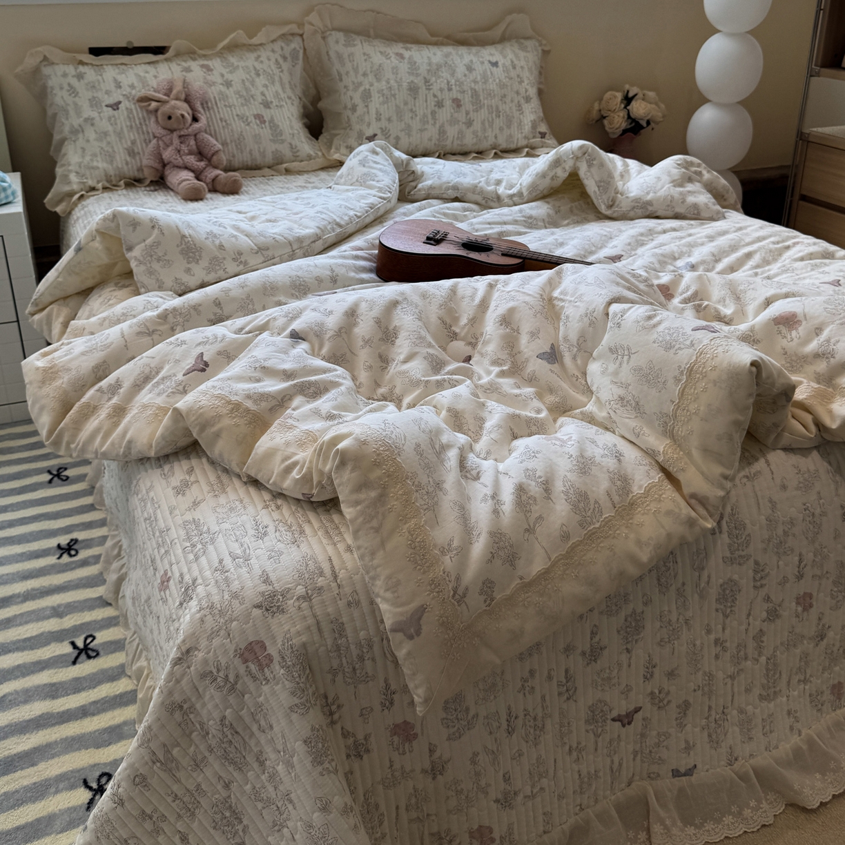 91家纺网 家纺一手货源 找家纺 一加一 2025新款田园风全棉纯棉双层纱床盖冬被被子被芯四件套 画棠春