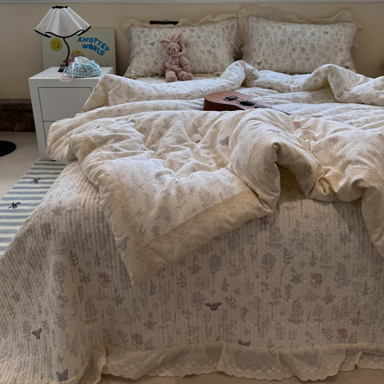 91家纺网 家纺一手货源 找家纺 一加一 2025新款田园风全棉纯棉双层纱床盖冬被被子被芯四件套 画棠春