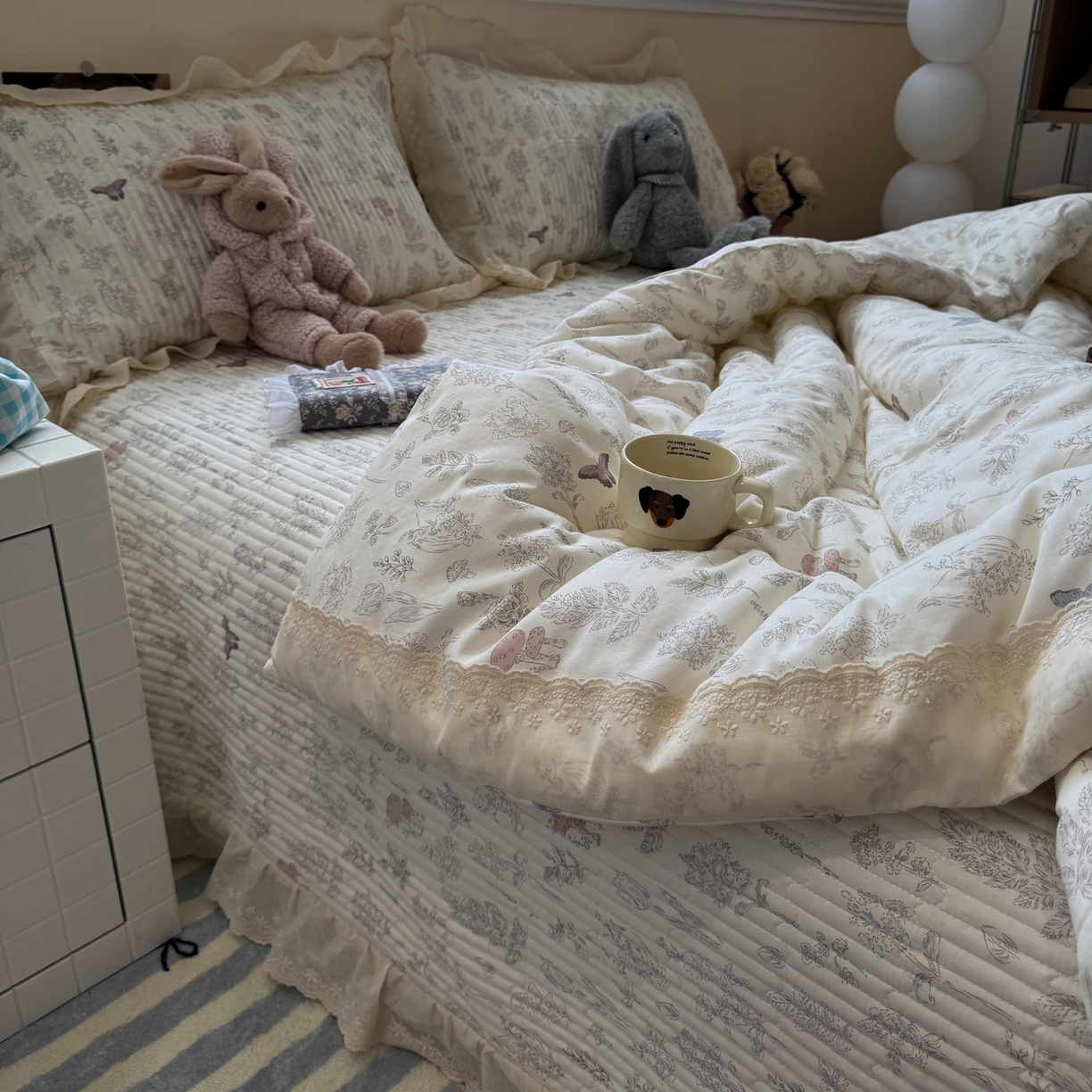 91家纺网 家纺一手货源 找家纺 一加一 2025新款田园风全棉纯棉双层纱床盖冬被被子被芯四件套 画棠春