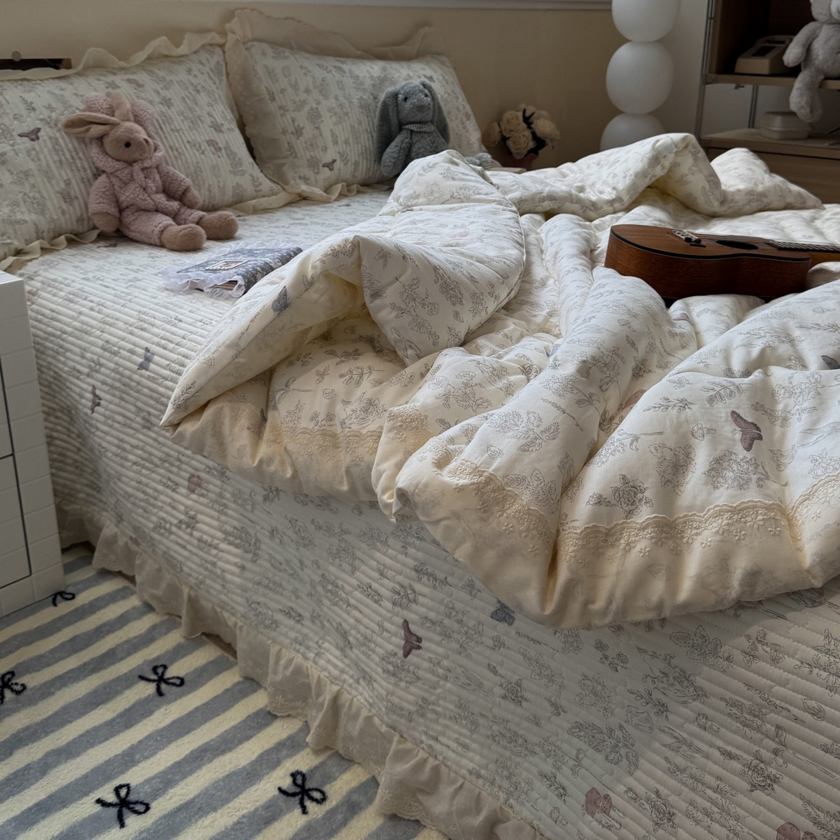 91家纺网 家纺一手货源 找家纺 一加一 2025新款田园风全棉纯棉双层纱床盖冬被被子被芯四件套 画棠春