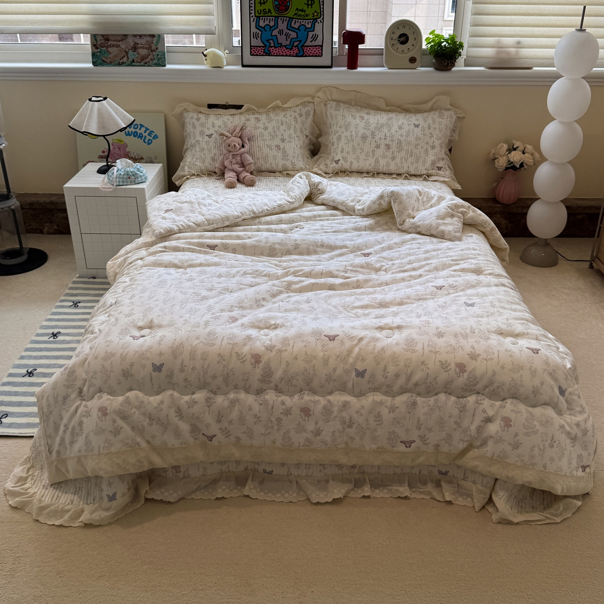 91家纺网 家纺一手货源 找家纺 一加一 2025新款田园风全棉纯棉双层纱床盖冬被被子被芯四件套 画棠春