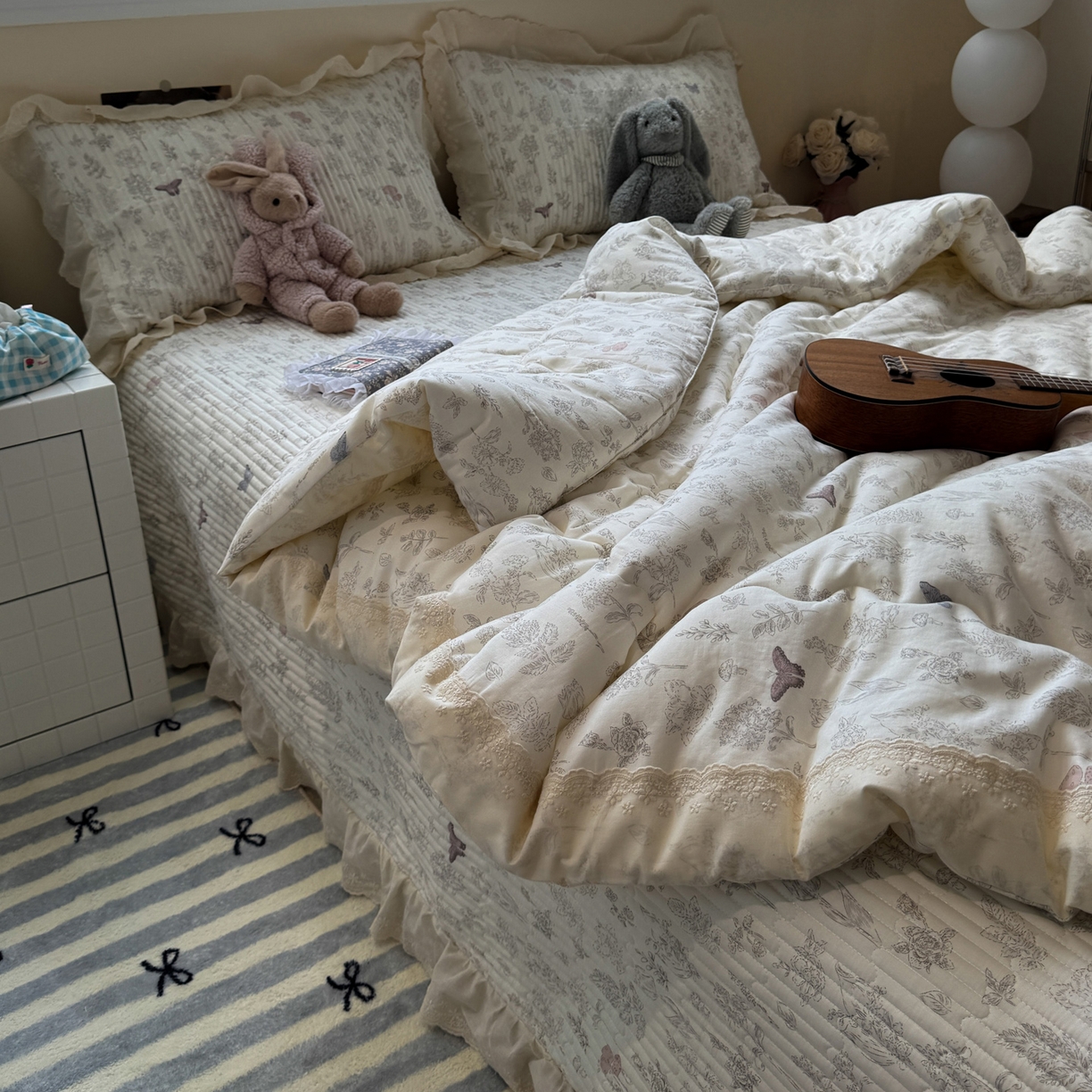 91家纺网 家纺一手货源 找家纺 一加一 2025新款田园风全棉纯棉双层纱床盖冬被被子被芯四件套 画棠春