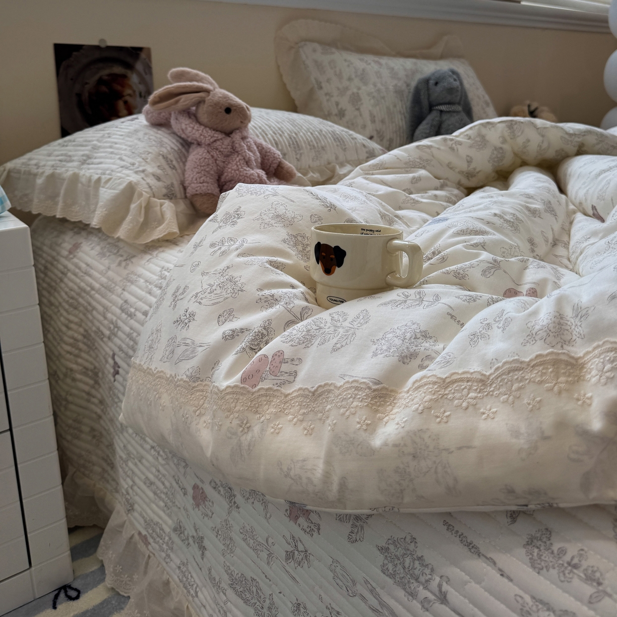 91家纺网 家纺一手货源 找家纺 一加一 2025新款田园风全棉纯棉双层纱床盖冬被被子被芯四件套 画棠春