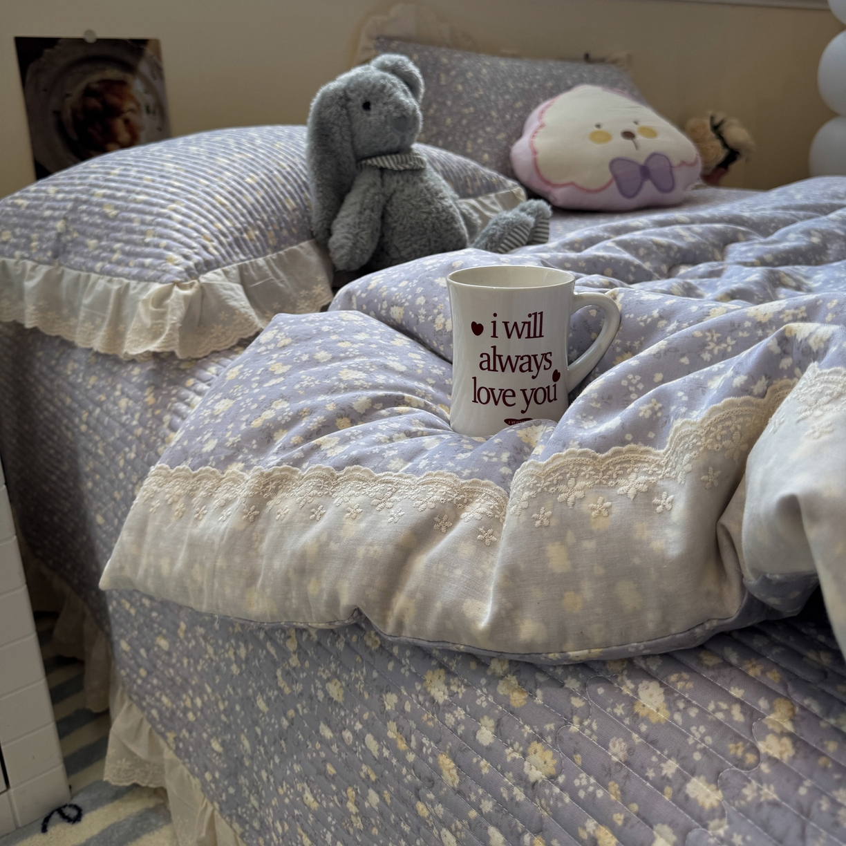 91家纺网 家纺一手货源 找家纺 一加一 2025新款田园风全棉纯棉双层纱床盖冬被被子被芯四件套 梦醒花间-灰