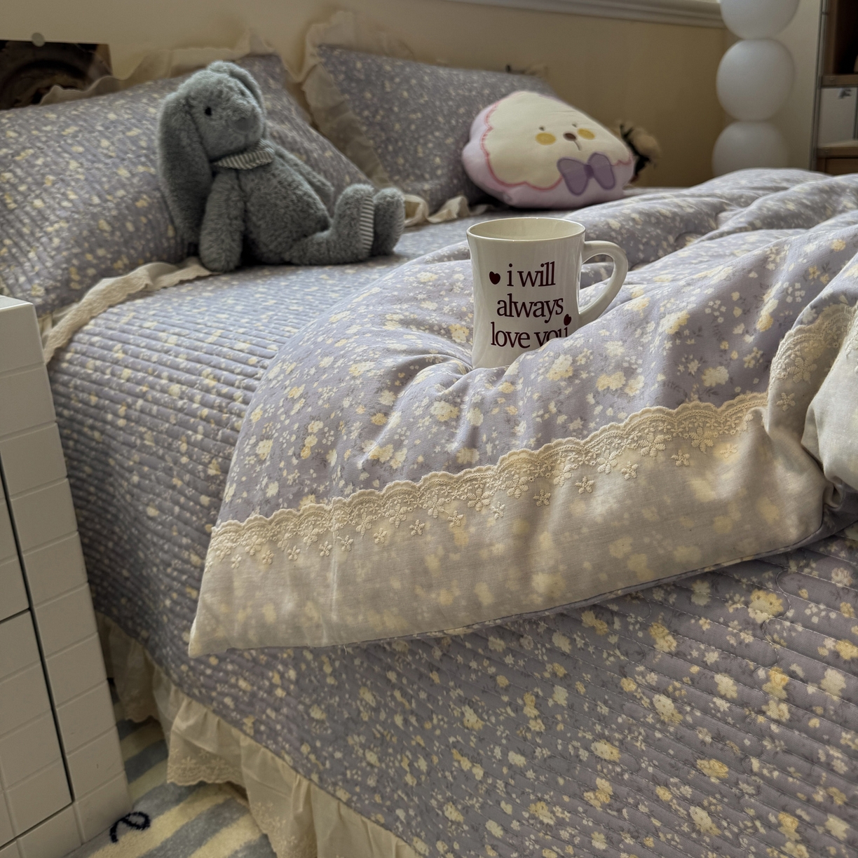 91家纺网 家纺一手货源 找家纺 一加一 2025新款田园风全棉纯棉双层纱床盖冬被被子被芯四件套 梦醒花间-灰