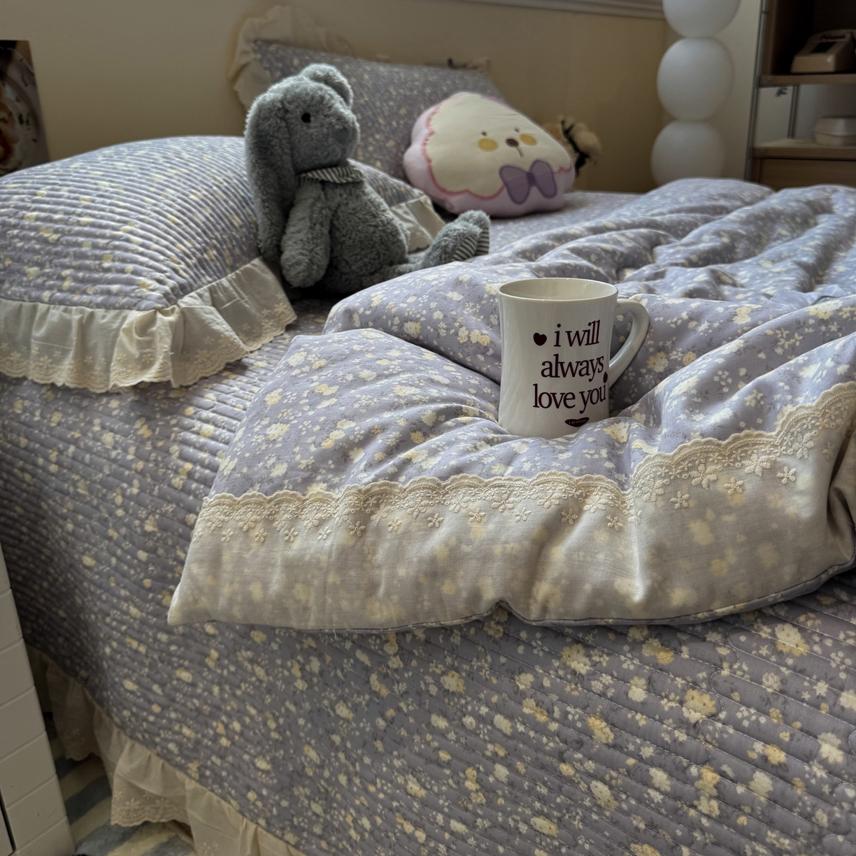 91家纺网 家纺一手货源 找家纺 一加一 2025新款田园风全棉纯棉双层纱床盖冬被被子被芯四件套 梦醒花间-灰