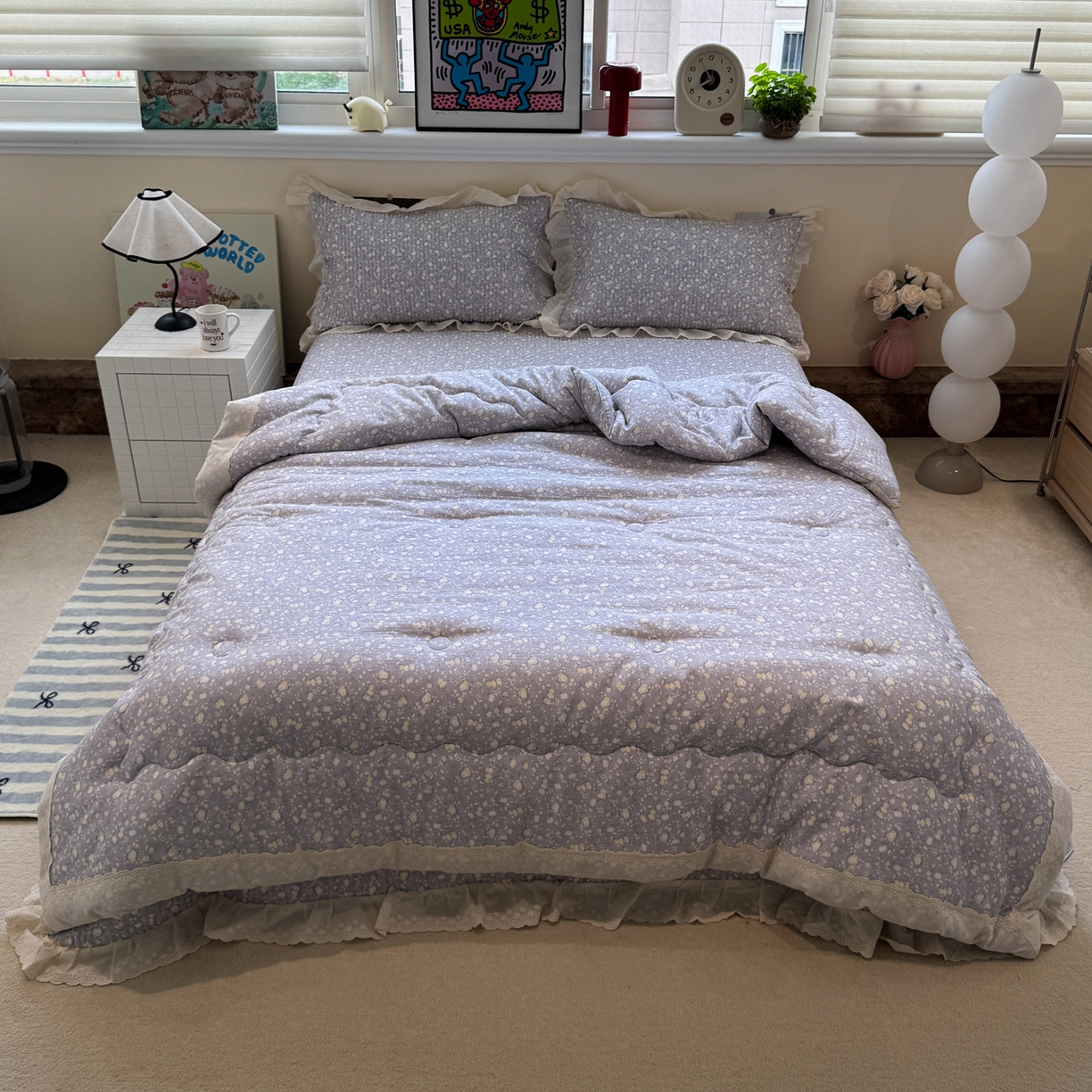 91家纺网 家纺一手货源 找家纺 一加一 2025新款田园风全棉纯棉双层纱床盖冬被被子被芯四件套 梦醒花间-灰