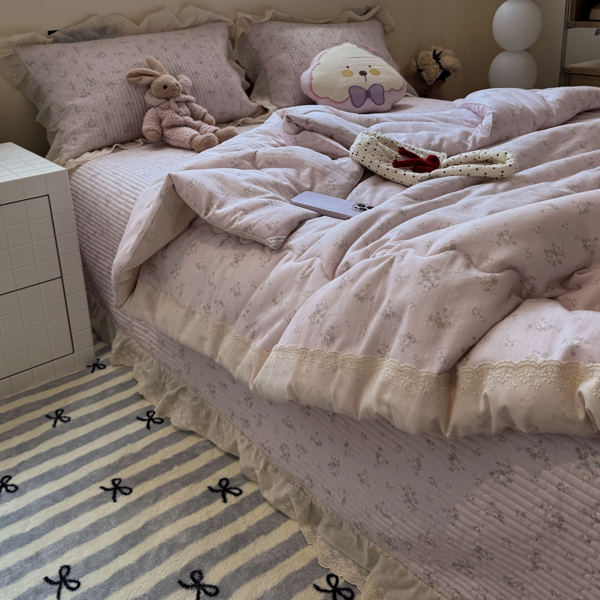 91家纺网 家纺一手货源 找家纺 一加一 2025新款田园风全棉纯棉双层纱床盖冬被被子被芯四件套 玲兰铛-粉