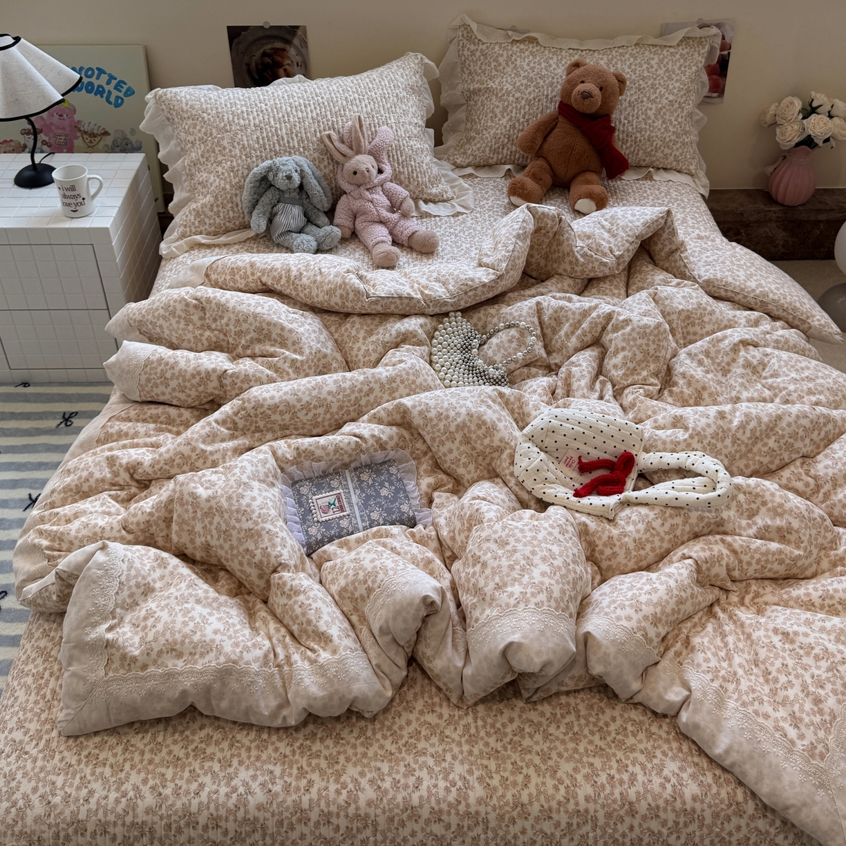 91家纺网 家纺一手货源 找家纺 一加一 2025新款田园风全棉纯棉双层纱床盖冬被被子被芯四件套 秋之寄语