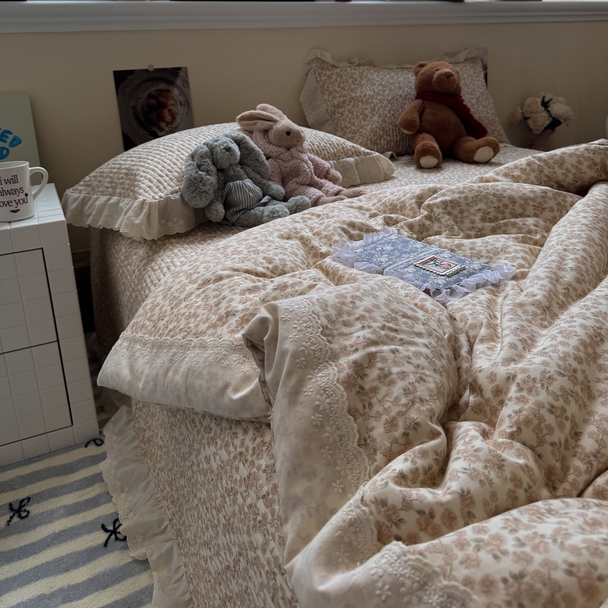 91家纺网 家纺一手货源 找家纺 一加一 2025新款田园风全棉纯棉双层纱床盖冬被被子被芯四件套 秋之寄语