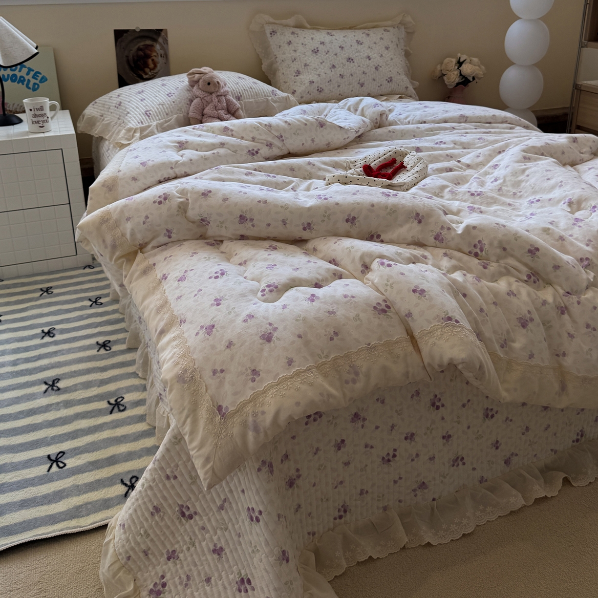 91家纺网 家纺一手货源 找家纺 一加一 2025新款田园风全棉纯棉双层纱床盖冬被被子被芯四件套 莓果雨