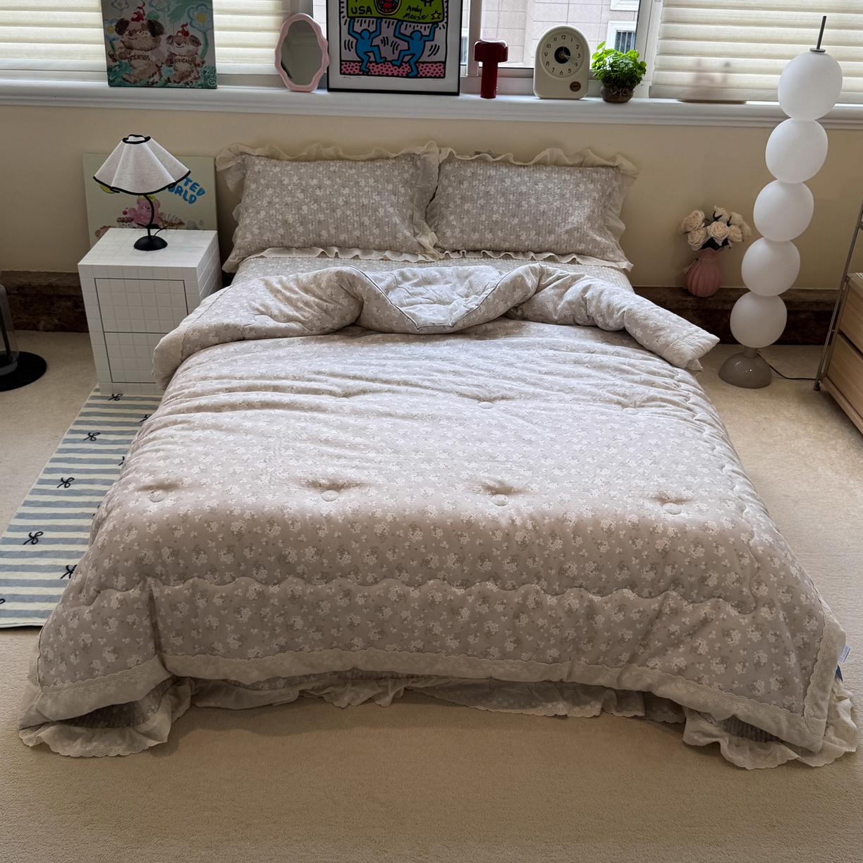 91家纺网 家纺一手货源 找家纺 一加一 2025新款田园风全棉纯棉双层纱床盖冬被被子被芯四件套 杏花小镇-驼