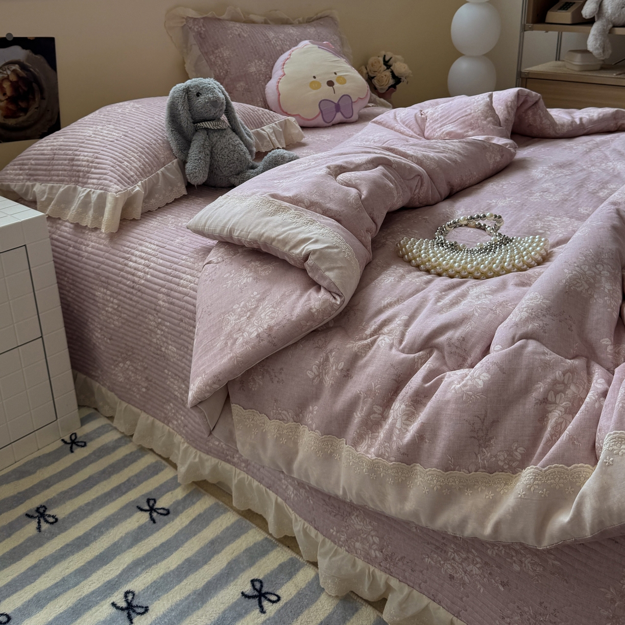 91家纺网 家纺一手货源 找家纺 一加一 2025新款田园风全棉纯棉双层纱床盖冬被被子被芯四件套 花蔓花影-粉