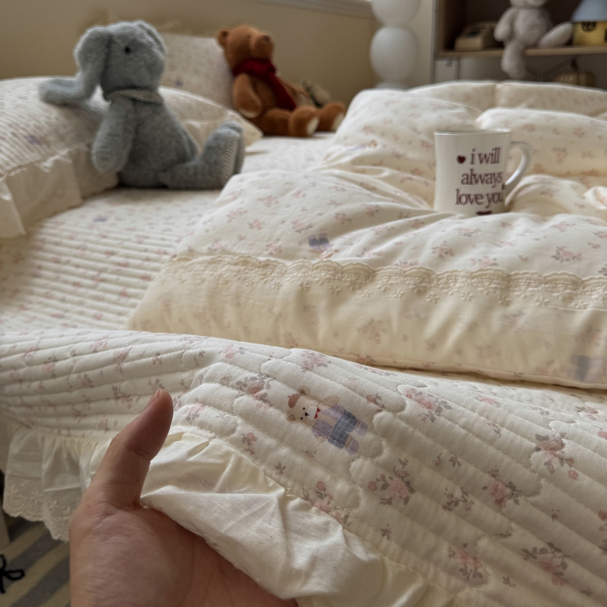 91家纺网 家纺一手货源 找家纺 一加一 2025新款田园风全棉纯棉双层纱床盖冬被被子被芯四件套 钥匙珊瑚