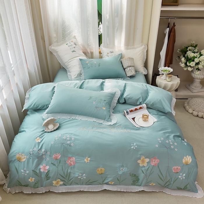 青泽家纺 2025新款母婴级ins风韩版绣花荷叶边水洗棉磨毛四件套 花恋-蓝