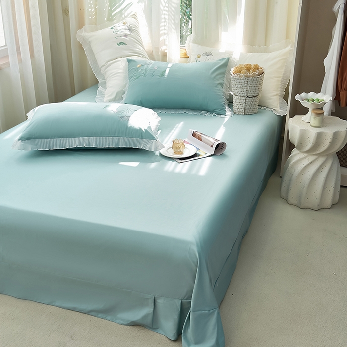 91家纺网 家纺一手货源 找家纺 青泽家纺 2025新款母婴级ins风韩版绣花荷叶边水洗棉磨毛四件套 花恋-蓝