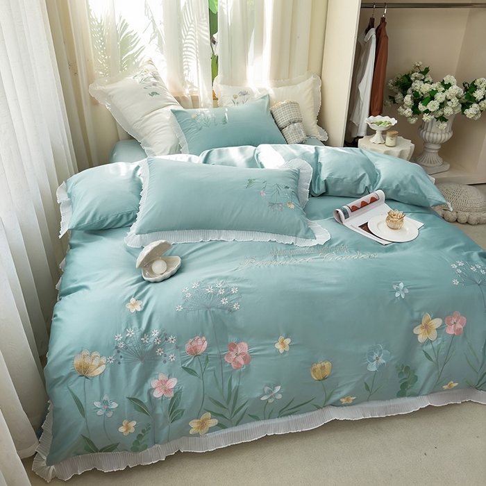 91家纺网 家纺一手货源 找家纺 青泽家纺 2025新款母婴级ins风韩版绣花荷叶边水洗棉磨毛四件套 花恋-蓝