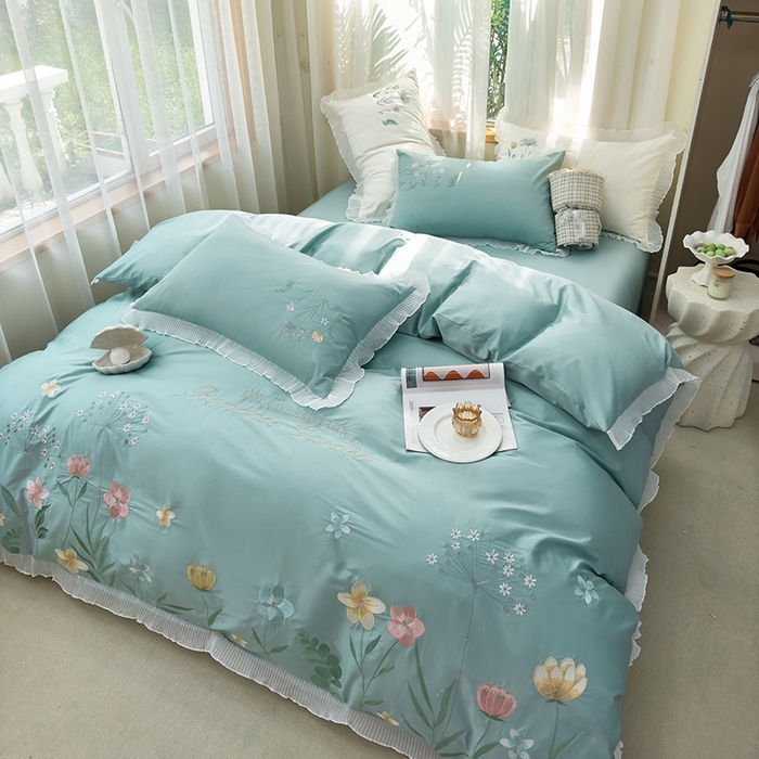 91家纺网 家纺一手货源 找家纺 青泽家纺 2025新款母婴级ins风韩版绣花荷叶边水洗棉磨毛四件套 花恋-蓝