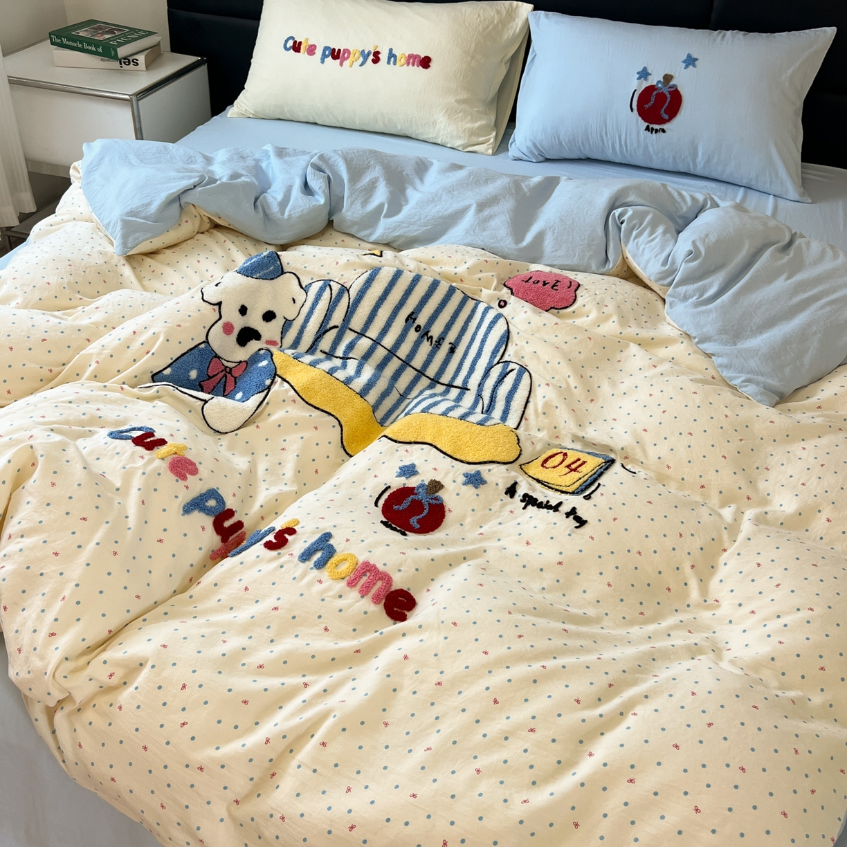 91家纺网 家纺一手货源 找家纺 盼季家纺 2025新款卡通水洗棉毛巾绣四件套 毛巾绣-沙发汪汪