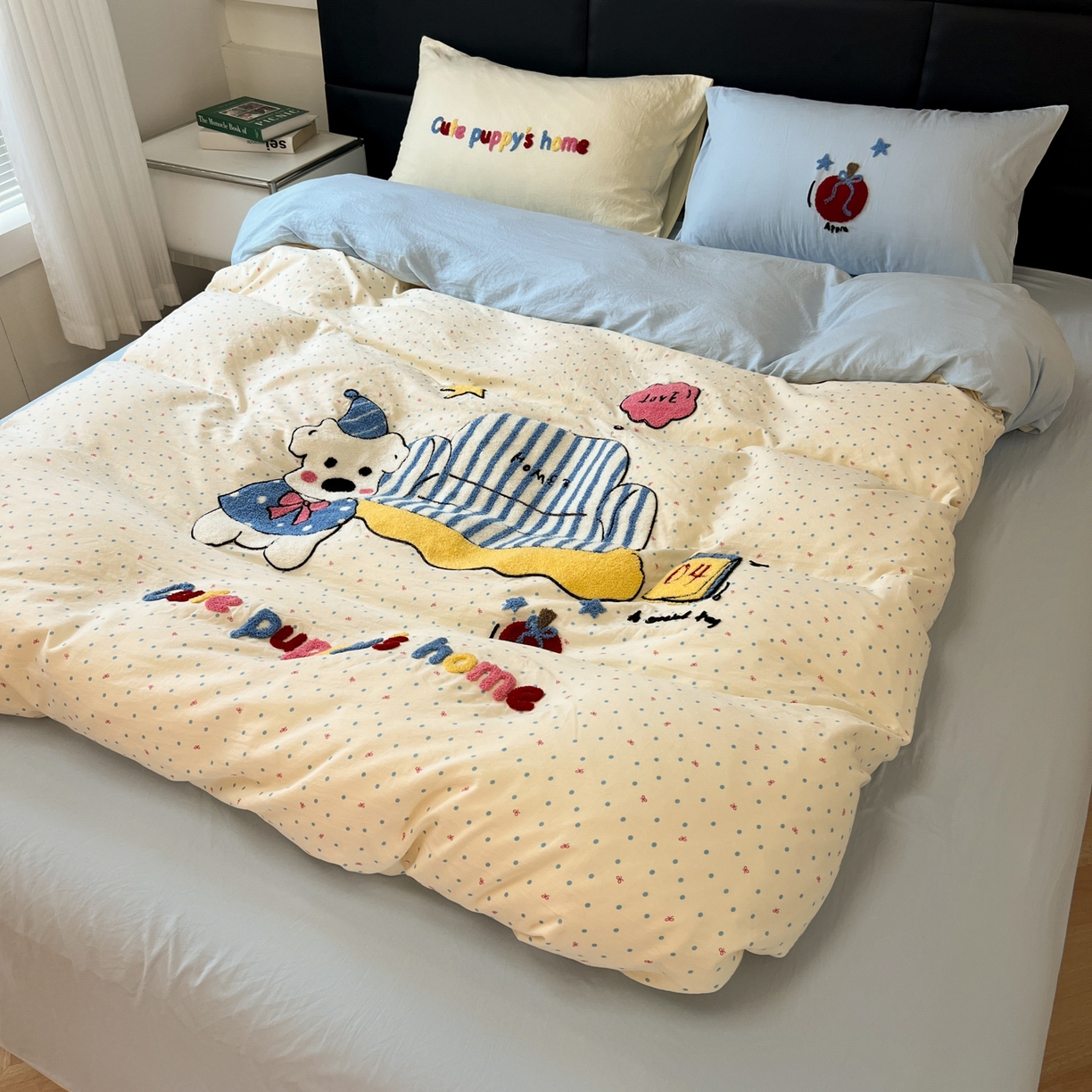 91家纺网 家纺一手货源 找家纺 盼季家纺 2025新款卡通水洗棉毛巾绣四件套 毛巾绣-沙发汪汪