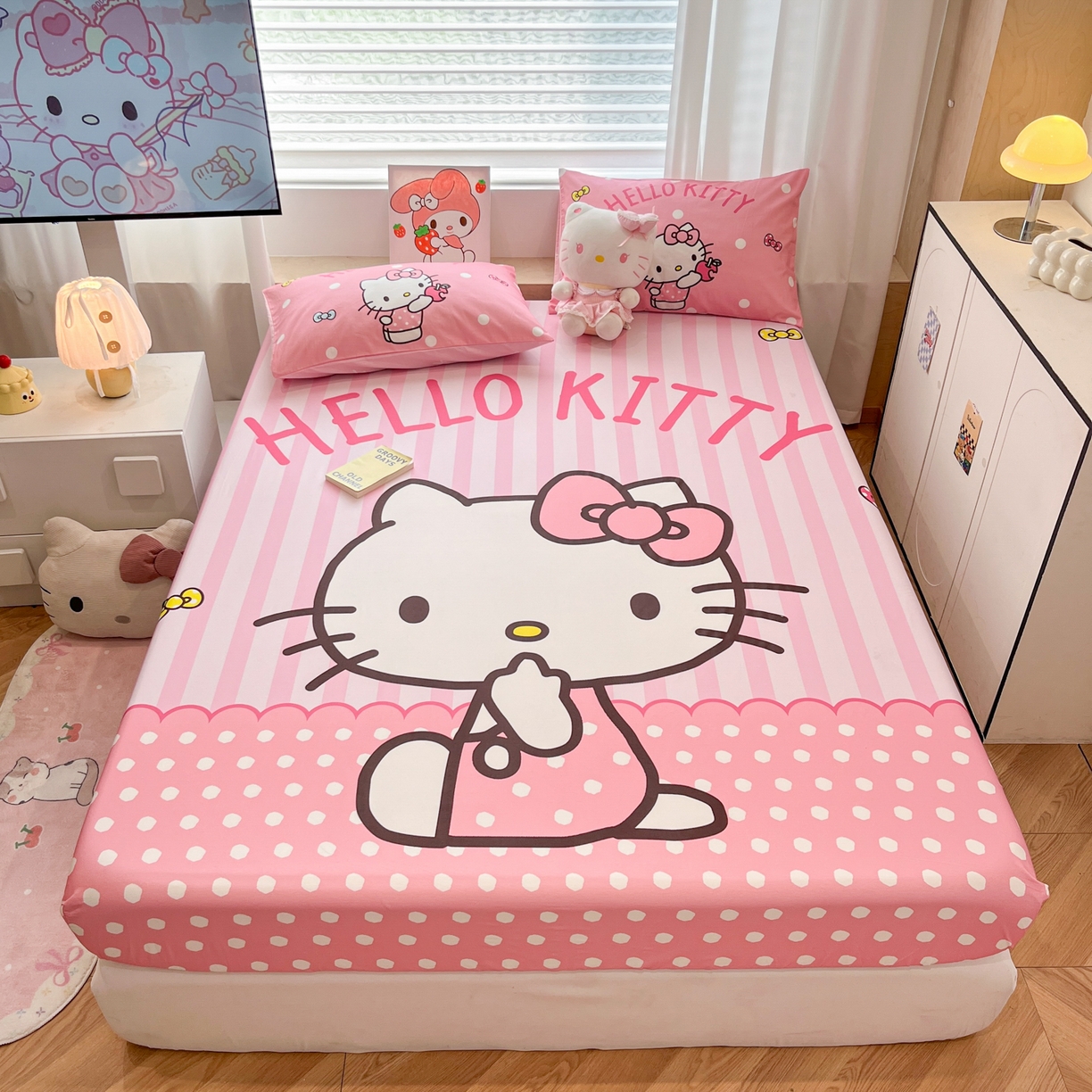 暮思家居 2025新款正版授权三丽鸥大阪全棉数码印花纯棉单品床笠床笠单件单床笠（专版花型） 棉A版-条纹KT