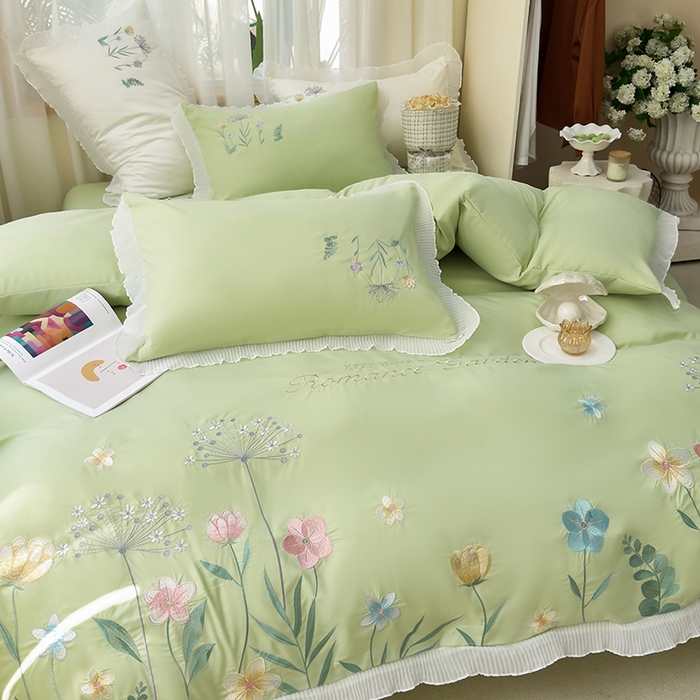 91家纺网 家纺一手货源 找家纺 青泽家纺 2025新款母婴级ins风韩版绣花荷叶边水洗棉磨毛四件套 花恋-绿