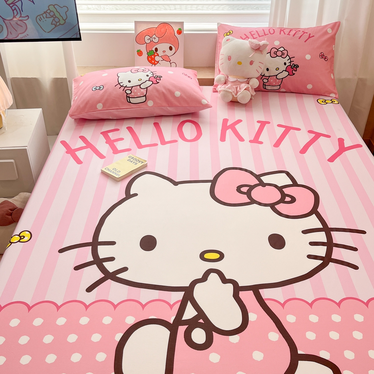 91家纺网 家纺一手货源 找家纺 暮思家居 2025新款正版授权三丽鸥大阪全棉数码印花纯棉单品床笠床笠单件单床笠（专版花型） 棉A版-条纹KT