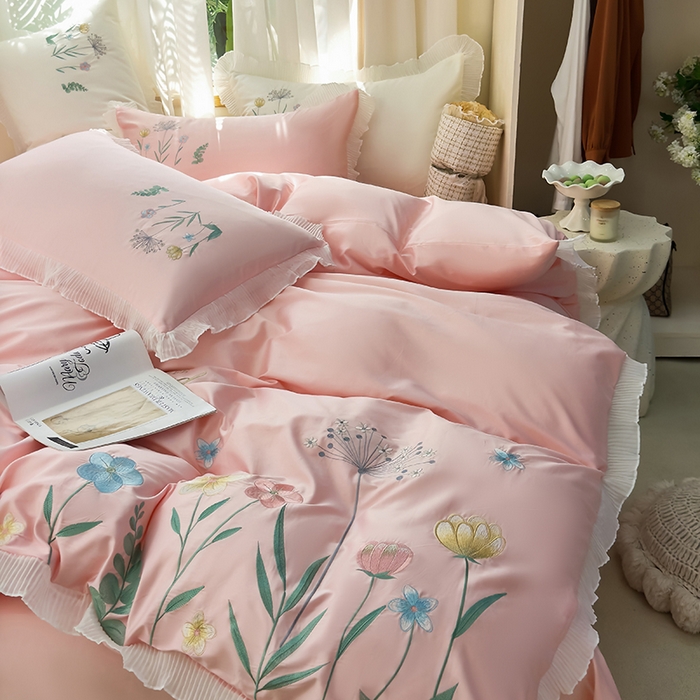 91家纺网 家纺一手货源 找家纺 青泽家纺 2025新款母婴级ins风韩版绣花荷叶边水洗棉磨毛四件套 花恋-玉