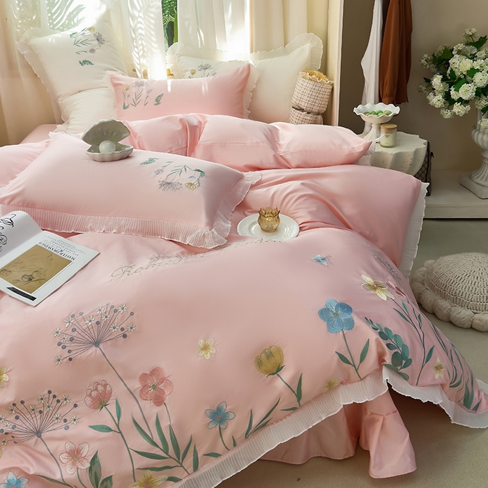 91家纺网 家纺一手货源 找家纺 青泽家纺 2025新款母婴级ins风韩版绣花荷叶边水洗棉磨毛四件套 花恋-玉