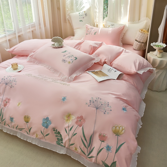 91家纺网 家纺一手货源 找家纺 青泽家纺 2025新款母婴级ins风韩版绣花荷叶边水洗棉磨毛四件套 花恋-玉