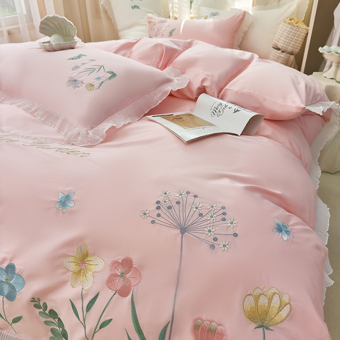 91家纺网 家纺一手货源 找家纺 青泽家纺 2025新款母婴级ins风韩版绣花荷叶边水洗棉磨毛四件套 花恋-玉