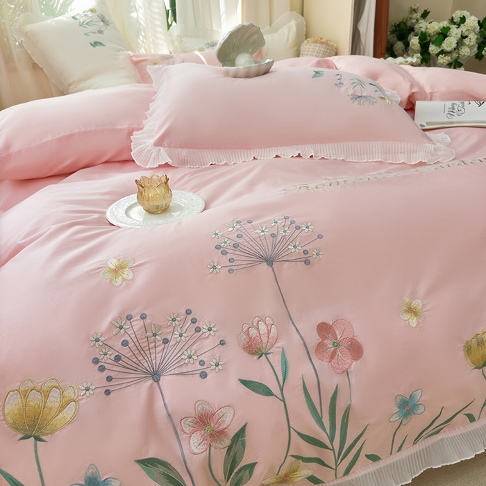 91家纺网 家纺一手货源 找家纺 青泽家纺 2025新款母婴级ins风韩版绣花荷叶边水洗棉磨毛四件套 花恋-玉