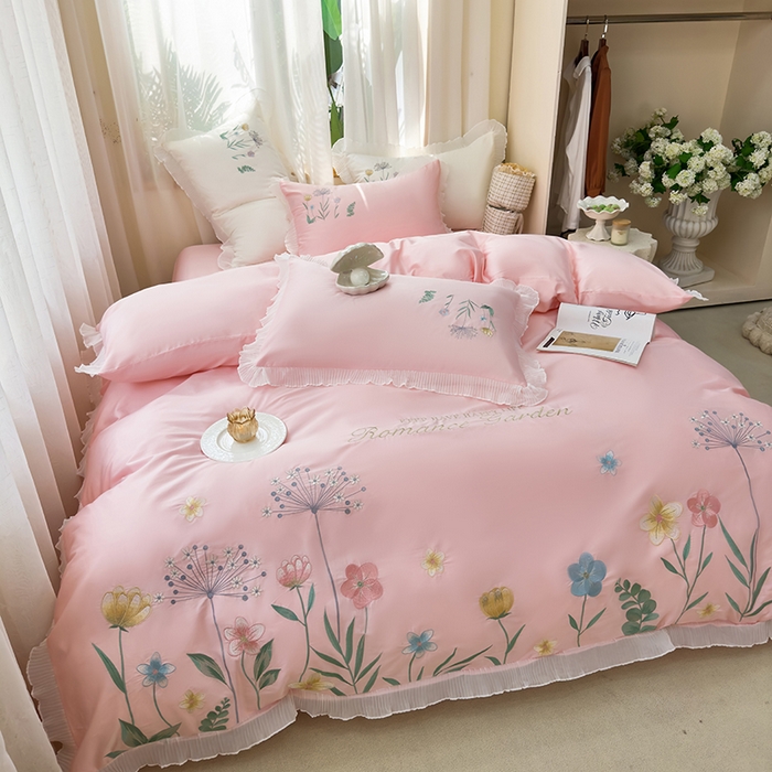 91家纺网 家纺一手货源 找家纺 青泽家纺 2025新款母婴级ins风韩版绣花荷叶边水洗棉磨毛四件套 花恋-玉