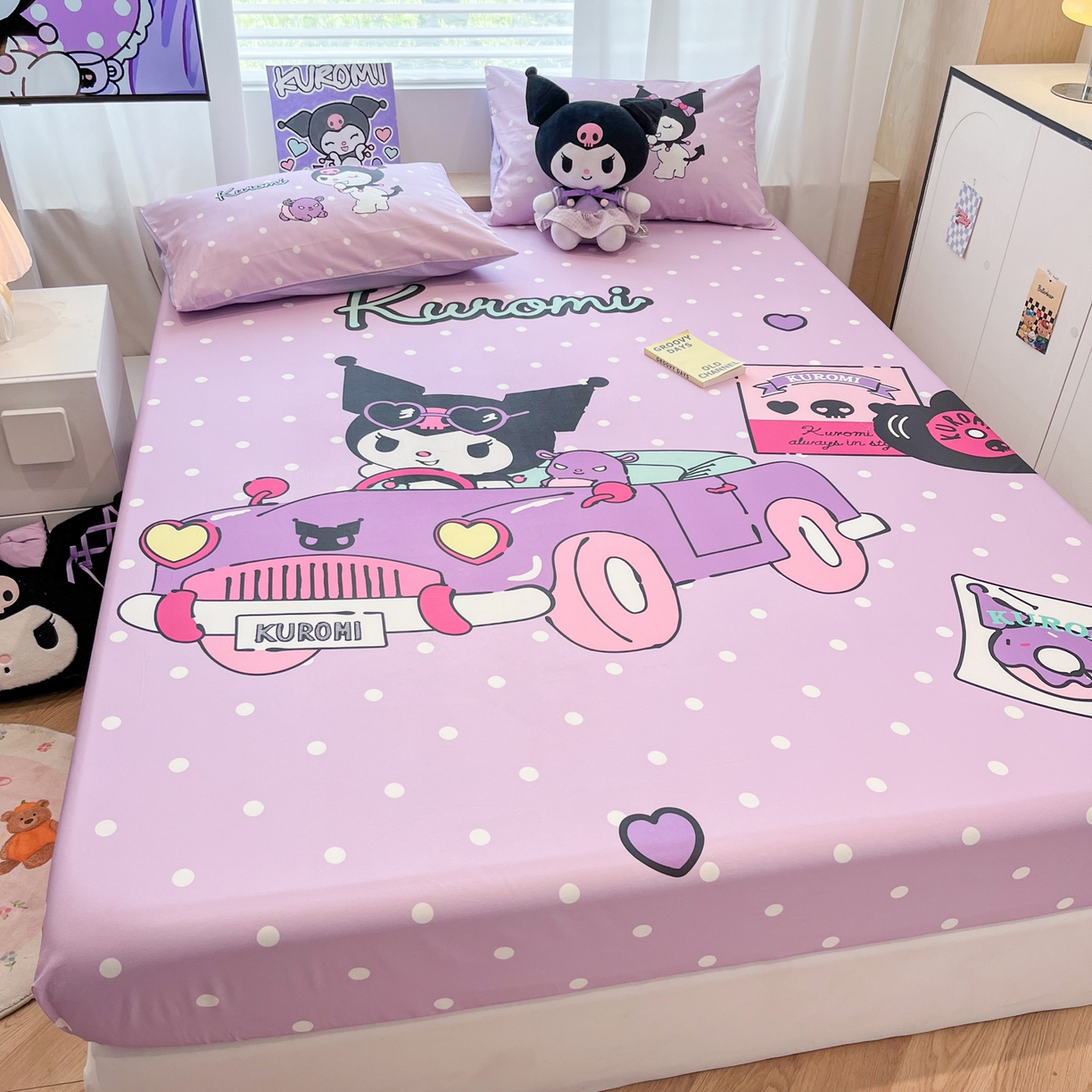 91家纺网 家纺一手货源 找家纺 暮思家居 2025新款正版授权三丽鸥大阪全棉数码印花纯棉单品床笠床笠单件单床笠（专版花型） 棉A版-小汽车库洛米