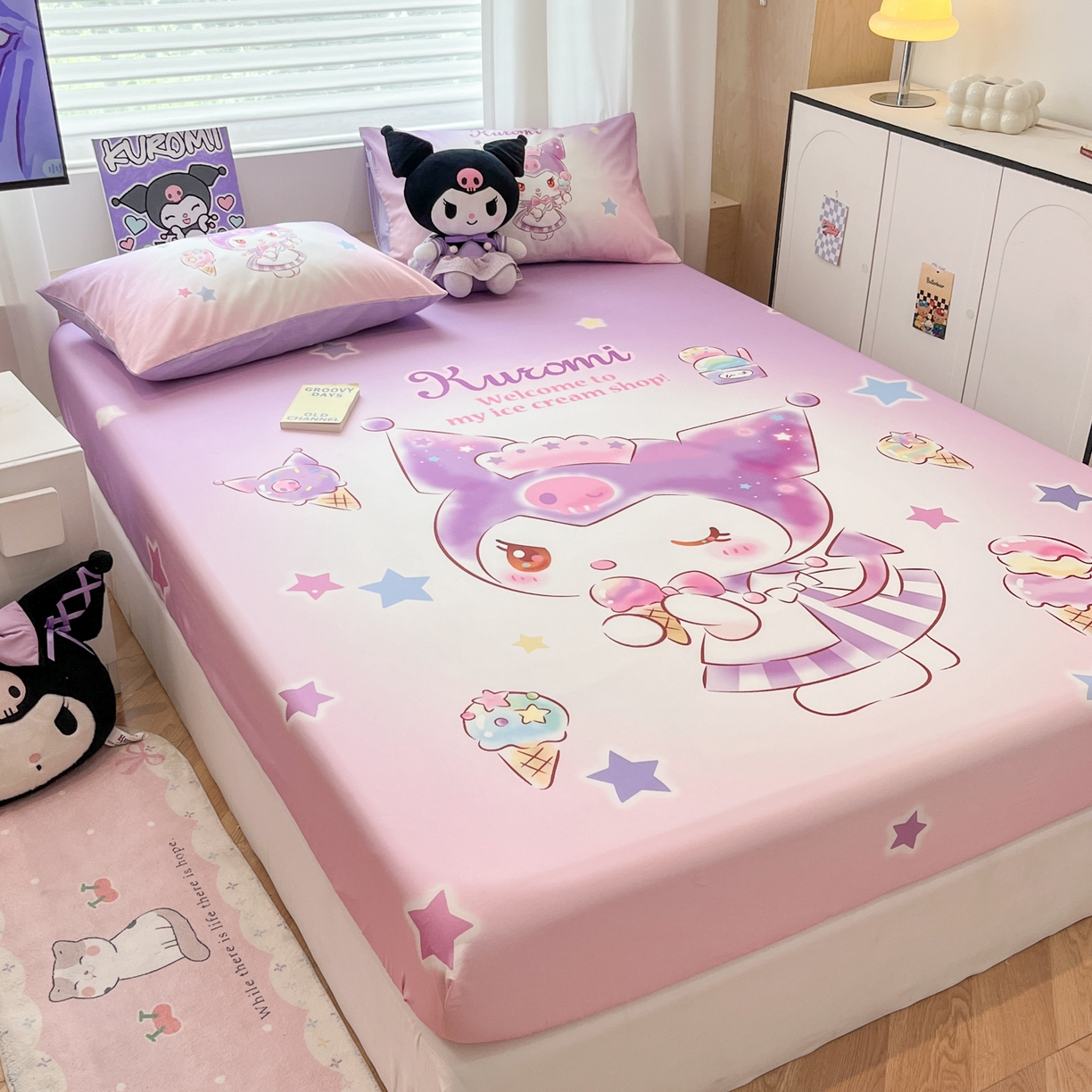 91家纺网 家纺一手货源 找家纺 暮思家居 2025新款正版授权三丽鸥大阪全棉数码印花纯棉单品床笠床笠单件单床笠（专版花型） 棉A版-炫彩库洛米