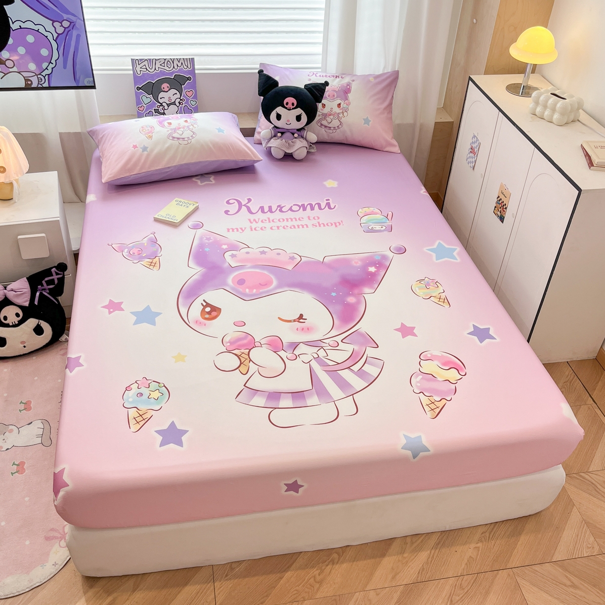 91家纺网 家纺一手货源 找家纺 暮思家居 2025新款正版授权三丽鸥大阪全棉数码印花纯棉单品床笠床笠单件单床笠（专版花型） 棉A版-炫彩库洛米