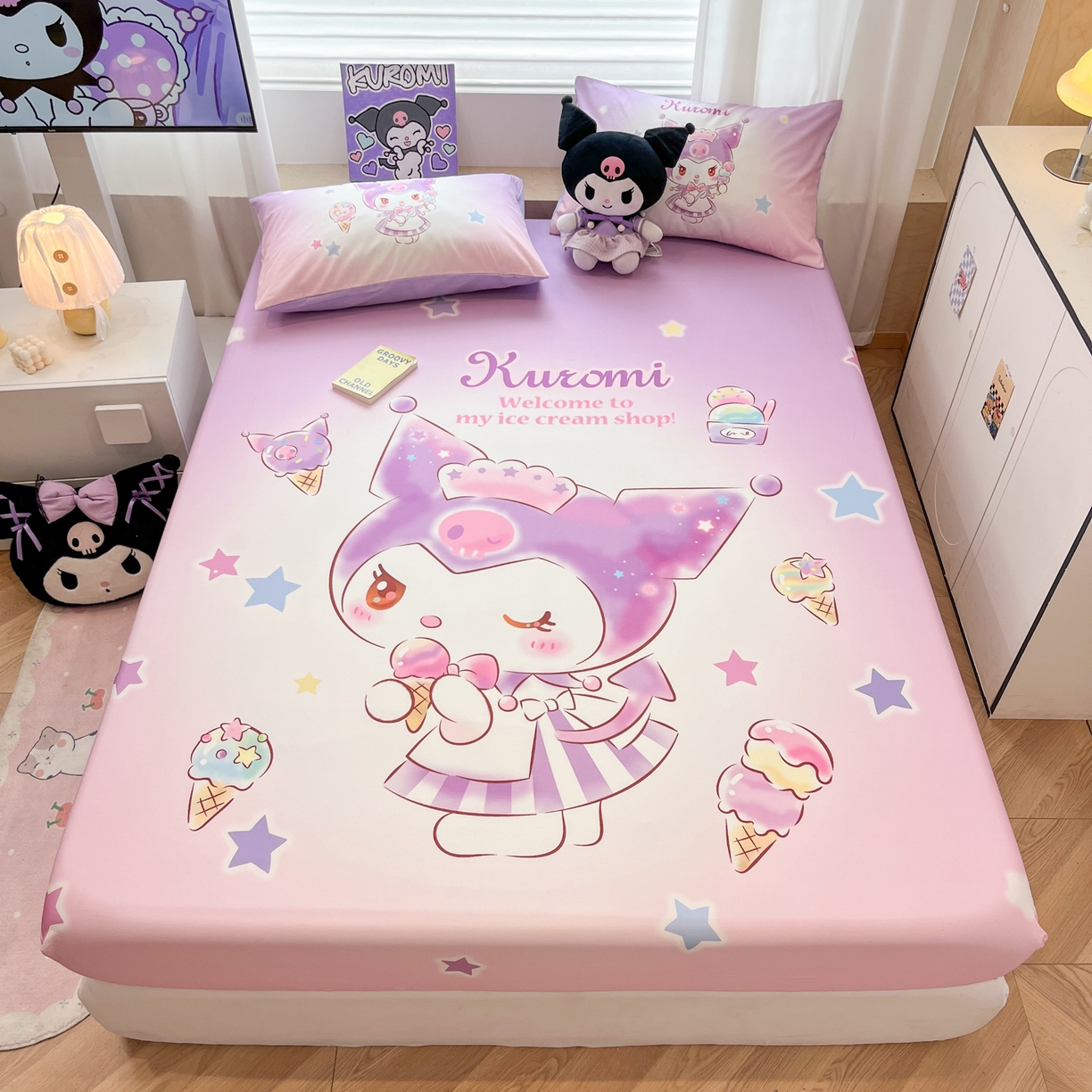 91家纺网 家纺一手货源 找家纺 暮思家居 2025新款正版授权三丽鸥大阪全棉数码印花纯棉单品床笠床笠单件单床笠（专版花型） 棉A版-炫彩库洛米